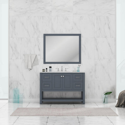 Alya Bath Wilmington 48" Single Gray Freestanding  Bathroom Vanity With Carrara Marble Top, Ceramic Sink and Wall Mounted Mirror - HE-102-48-G-CWMT+HE-101/102-42-G-M