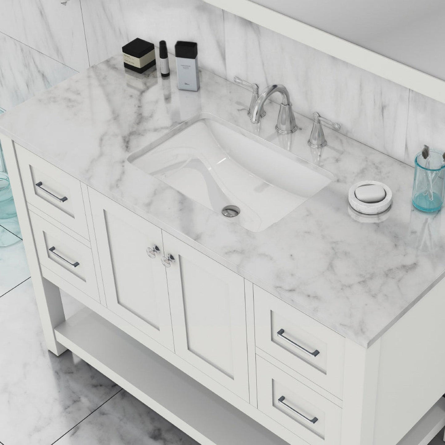 Alya Bath Wilmington 48" Single White Freestanding  Bathroom Vanity With Carrara Marble Top, Ceramic Sink and Wall Mounted Mirror - HE-102-48-W-CWMT+HE-101/102-42-W-M