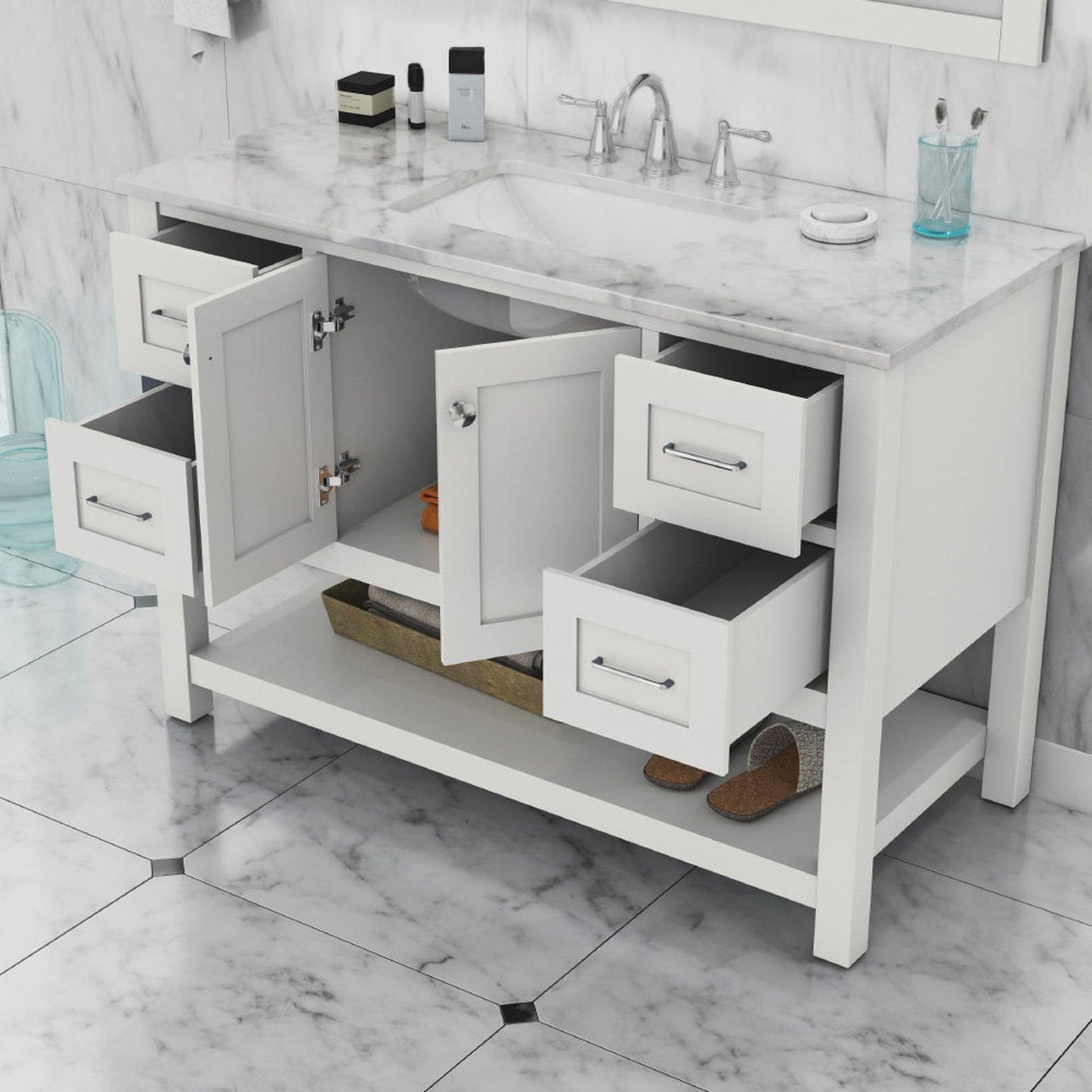 Alya Bath Wilmington 48" Single White Freestanding  Bathroom Vanity With Carrara Marble Top, Ceramic Sink and Wall Mounted Mirror - HE-102-48-W-CWMT+HE-101/102-42-W-M