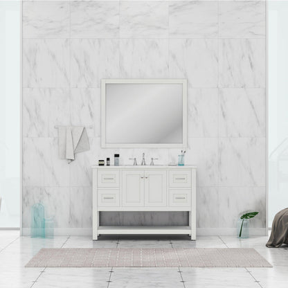 Alya Bath Wilmington 48" Single White Freestanding  Bathroom Vanity With Carrara Marble Top, Ceramic Sink and Wall Mounted Mirror - HE-102-48-W-CWMT+HE-101/102-42-W-M