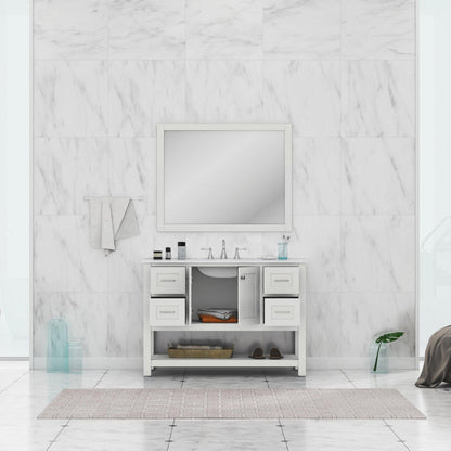 Alya Bath Wilmington 48" Single White Freestanding  Bathroom Vanity With Carrara Marble Top, Ceramic Sink and Wall Mounted Mirror - HE-102-48-W-CWMT+HE-101/102-42-W-M