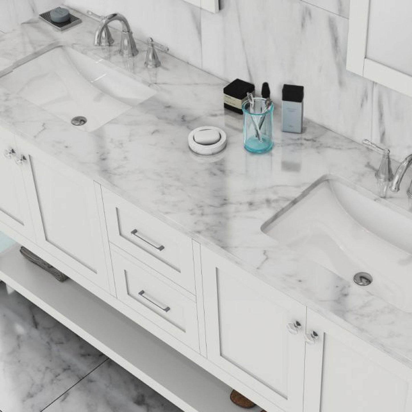 Alya Bath Wilmington 72" Double White Freestanding  Bathroom Vanity With Carrara Marble Top, Ceramic Sink and Wall Mounted Mirror - HE-102-72D-W-CWMT+2x HE-101/102-30-W-M