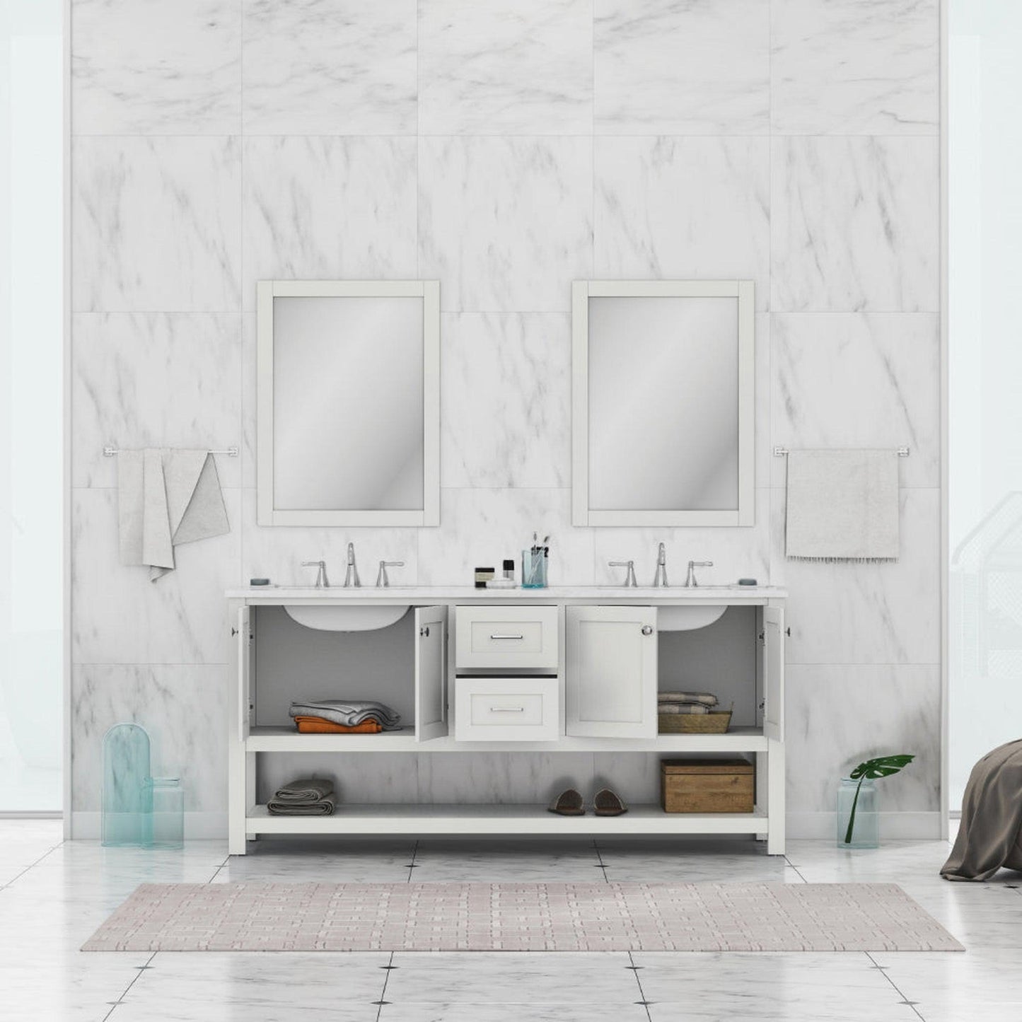Alya Bath Wilmington 72" Double White Freestanding  Bathroom Vanity With Carrara Marble Top, Ceramic Sink and Wall Mounted Mirror - HE-102-72D-W-CWMT+2x HE-101/102-30-W-M