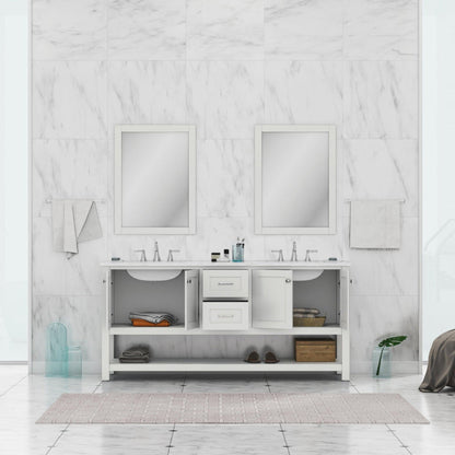 Alya Bath Wilmington 72" Double White Freestanding  Bathroom Vanity With Carrara Marble Top, Ceramic Sink and Wall Mounted Mirror - HE-102-72D-W-CWMT+2x HE-101/102-30-W-M