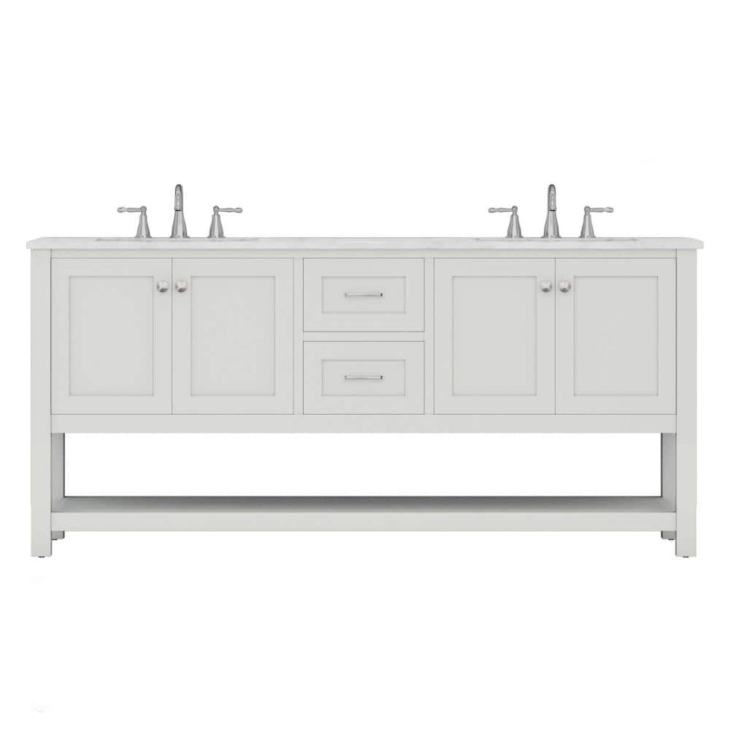 Alya Bath Wilmington 72" Double White Freestanding  Bathroom Vanity With Carrara Marble Top, Ceramic Sink and Wall Mounted Mirror - HE-102-72D-W-CWMT+2x HE-101/102-30-W-M