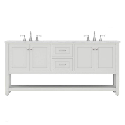 Alya Bath Wilmington 72" Double White Freestanding  Bathroom Vanity With Carrara Marble Top, Ceramic Sink and Wall Mounted Mirror - HE-102-72D-W-CWMT+2x HE-101/102-30-W-M