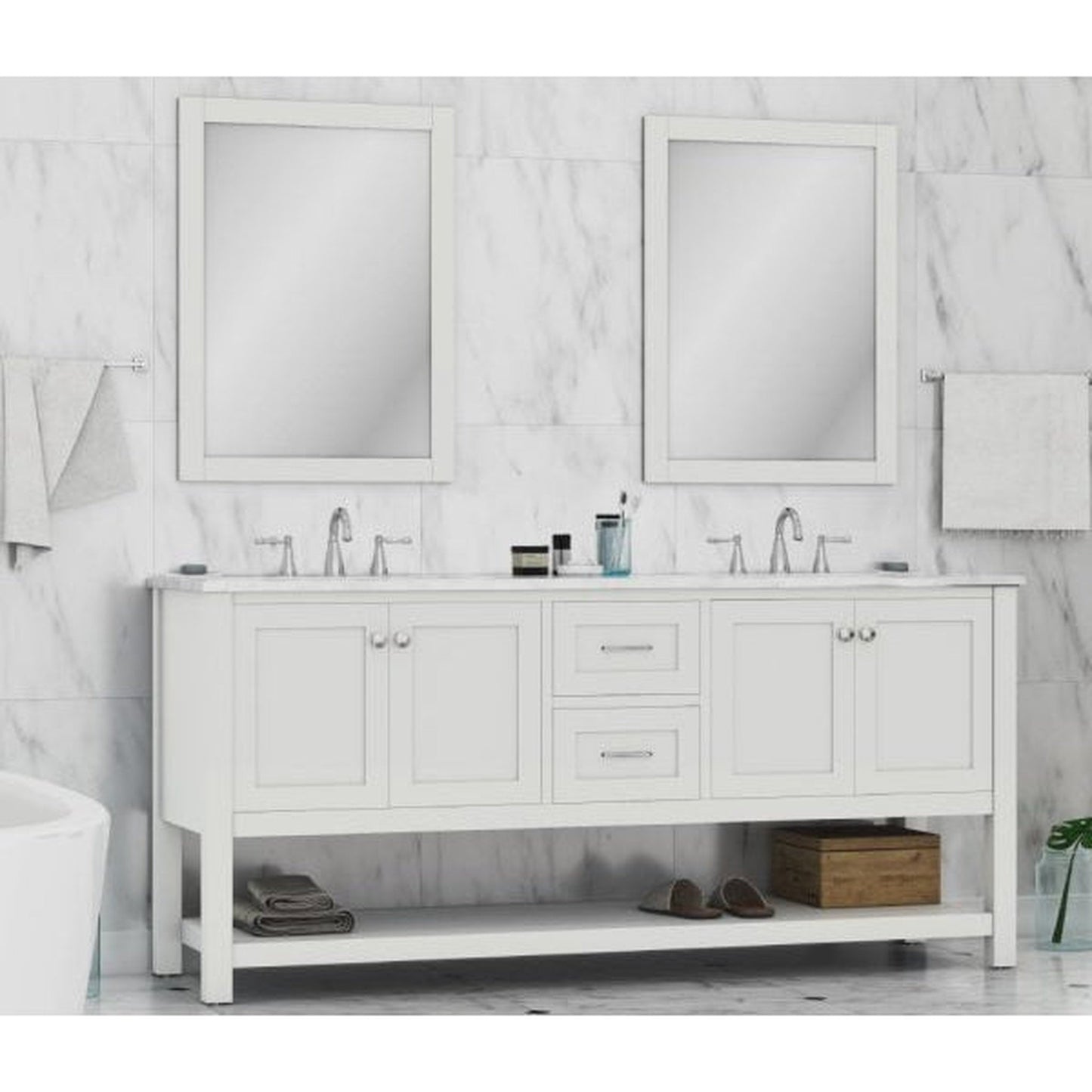 Alya Bath Wilmington 72" Double White Freestanding  Bathroom Vanity With Carrara Marble Top, Ceramic Sink and Wall Mounted Mirror - HE-102-72D-W-CWMT+2x HE-101/102-30-W-M