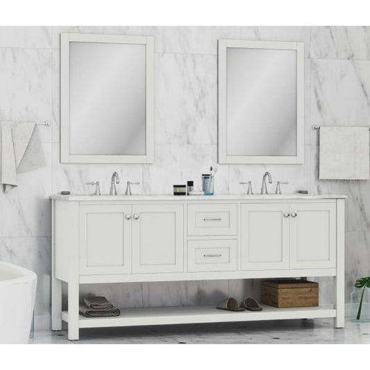 Alya Bath Wilmington 72" Double White Freestanding  Bathroom Vanity With Carrara Marble Top, Ceramic Sink and Wall Mounted Mirror - HE-102-72D-W-CWMT+2x HE-101/102-30-W-M