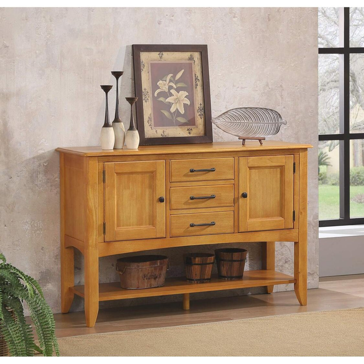 Sunset Trading Selections Sideboard with Large Display Shelf | 3 Drawers 2 Storage Cabinets | Light Oak -  DLU-1122-SB-LO